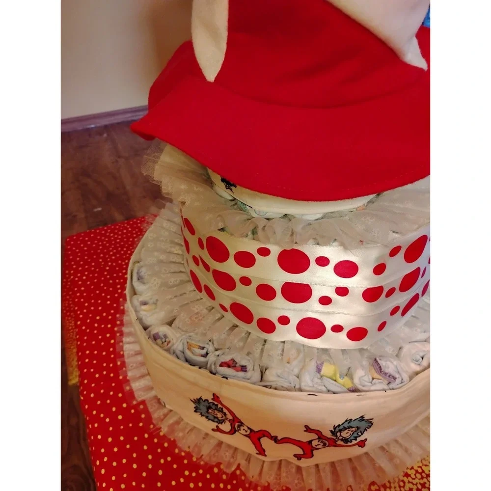Cat in The Hat Thing 1 2 Dr Seuss Diaper Cake 3 Tier Cloth 5x Baby Shower Table